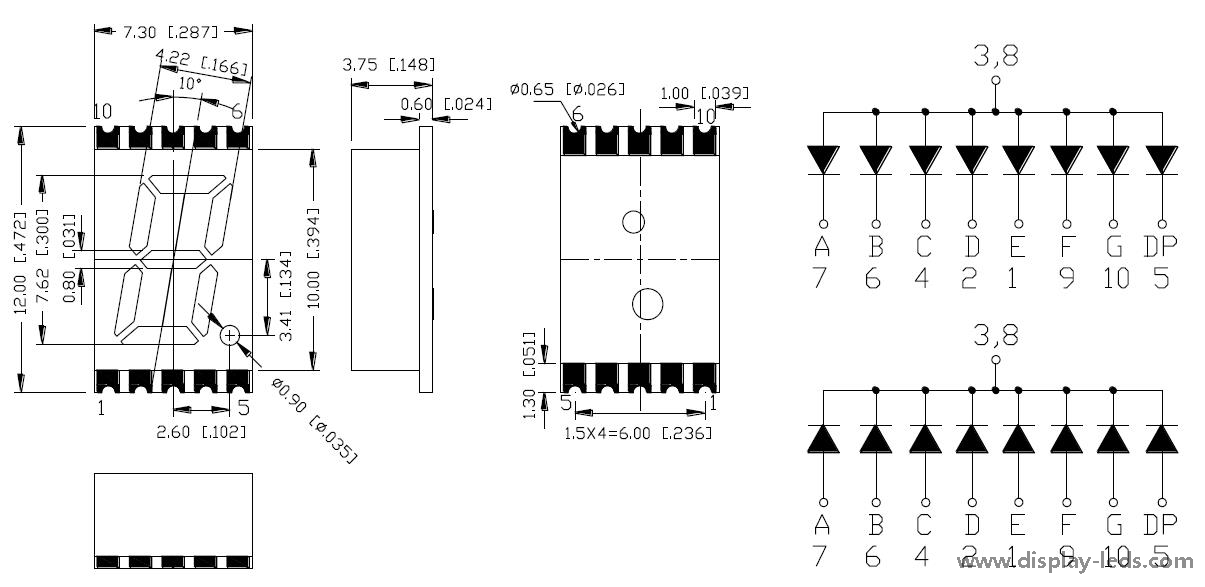 0,3-дюймовый одноразрядный 7-сегментный SMD-дисплей