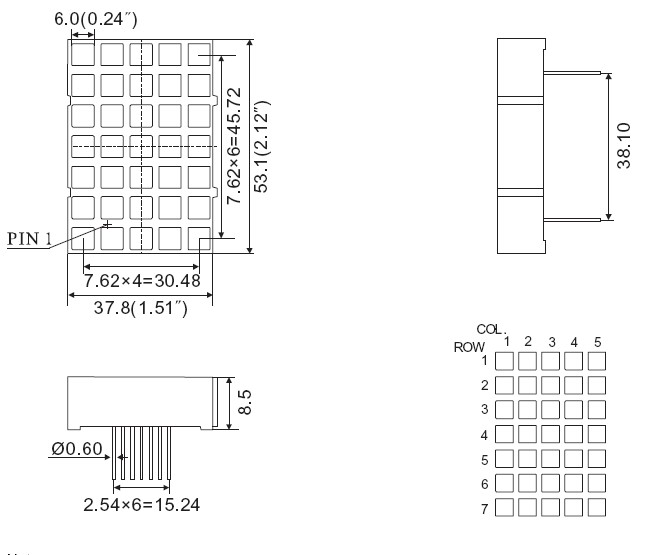 2-дюймовая 5x7 светодиодная матрица с квадратными точками