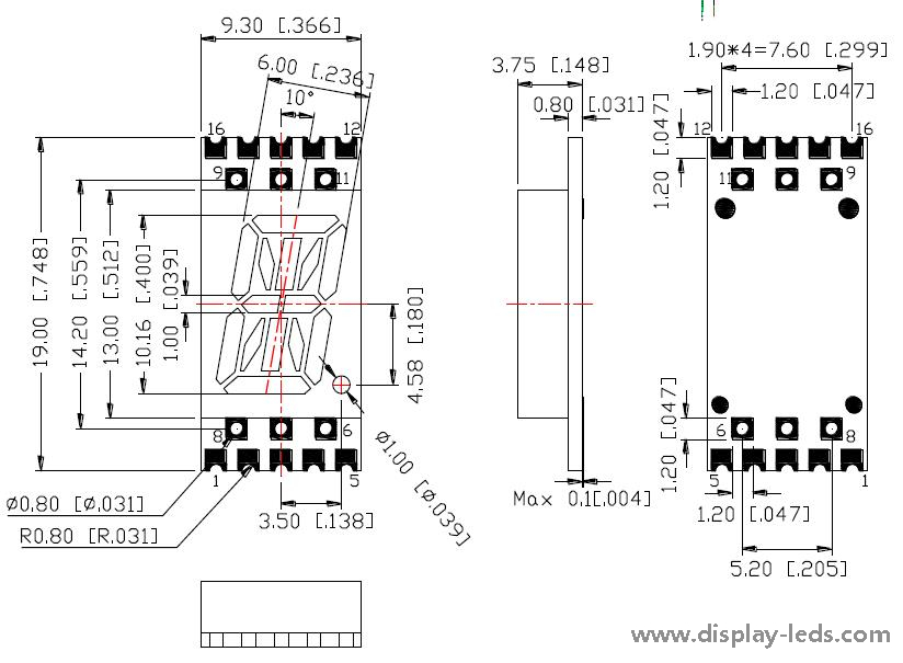 0,4-дюймовый одноразрядный 14-сегментный SMD-дисплей
