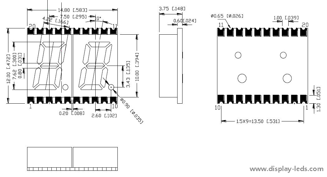 0,3-дюймовый двухразрядный 7-сегментный SMD-дисплей