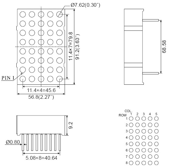 3,4-дюймовый двухцветный матричный светодиодный дисплей 5x8