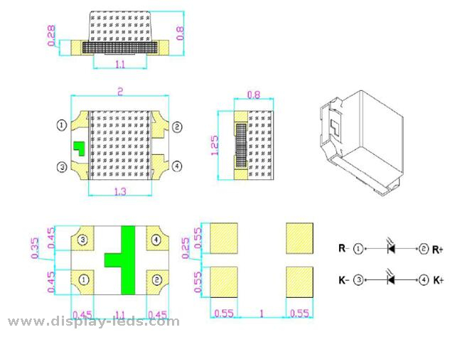 0805 Red и Yellow Green 2012 SMD -светодиод CHIP, соответствующий 2,0 (L) x1.2 (W) мм